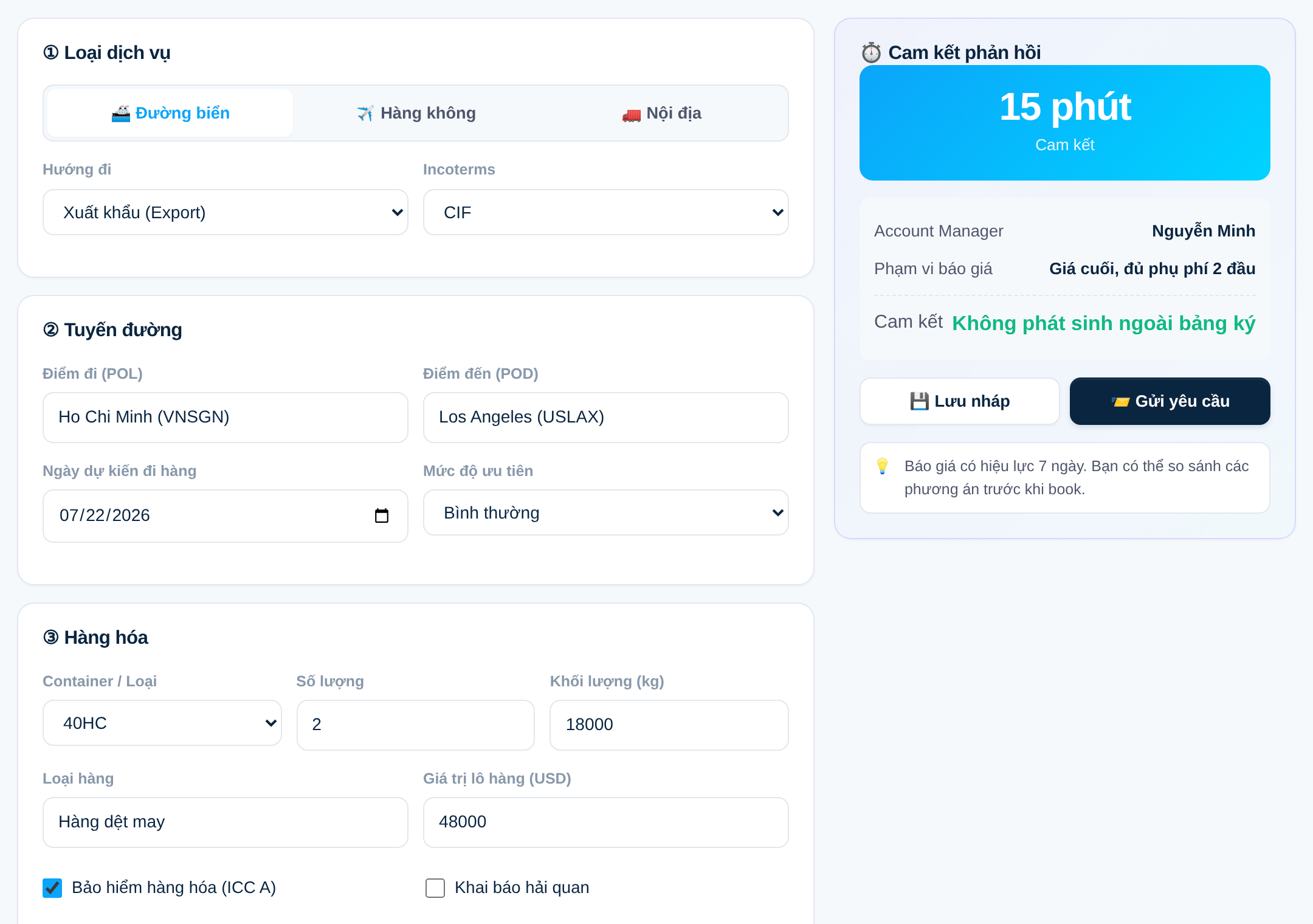 Một báo giá đủ mọi chi phí, so sánh từng phương án, giao diện portal Protrans