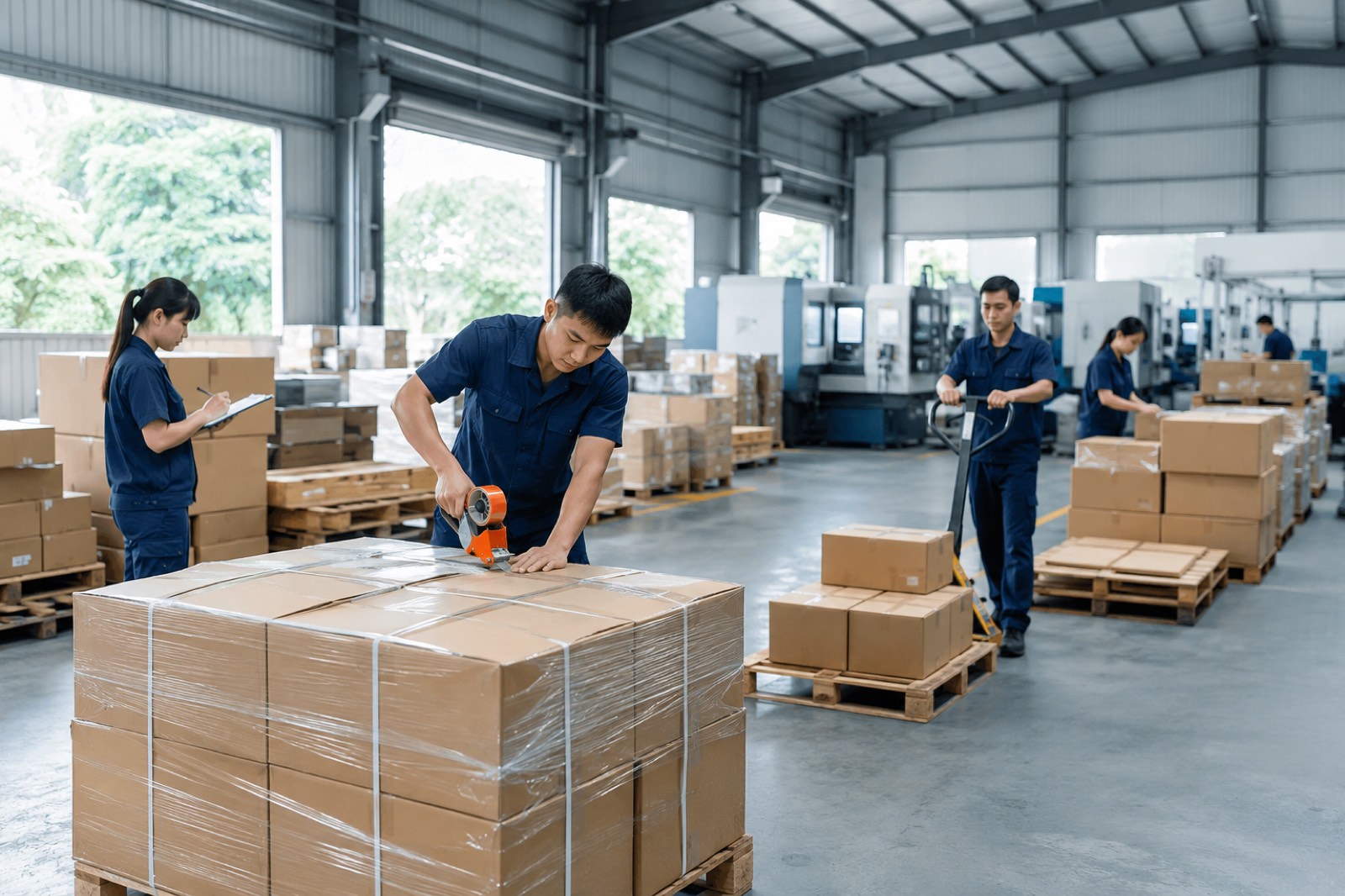 Công nhân đóng gói pallet hàng xuất khẩu tại xưởng